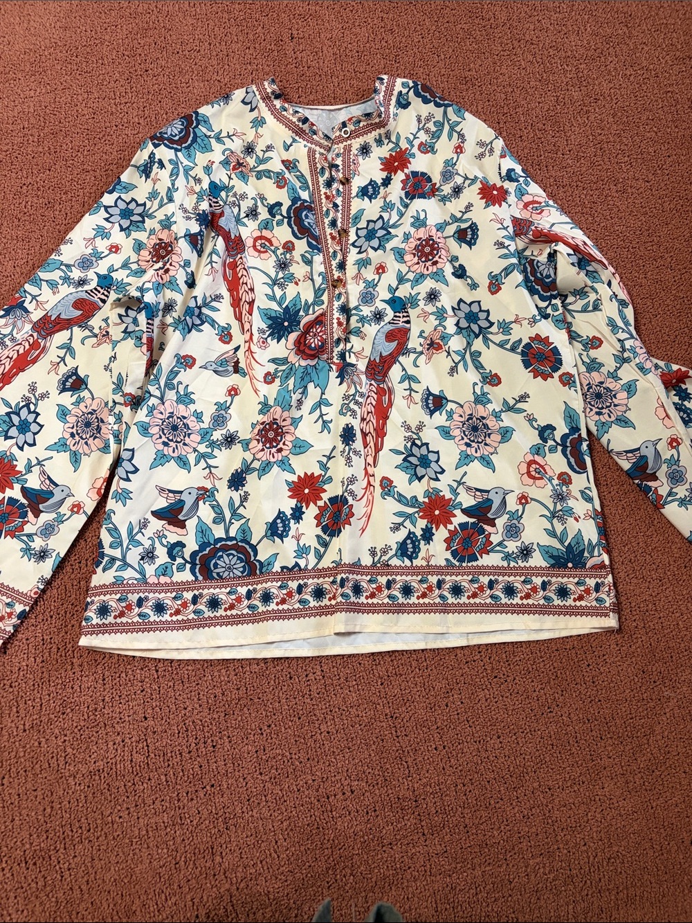 Cream Floral & Bird-Print Long-Sleeve Tunic Top